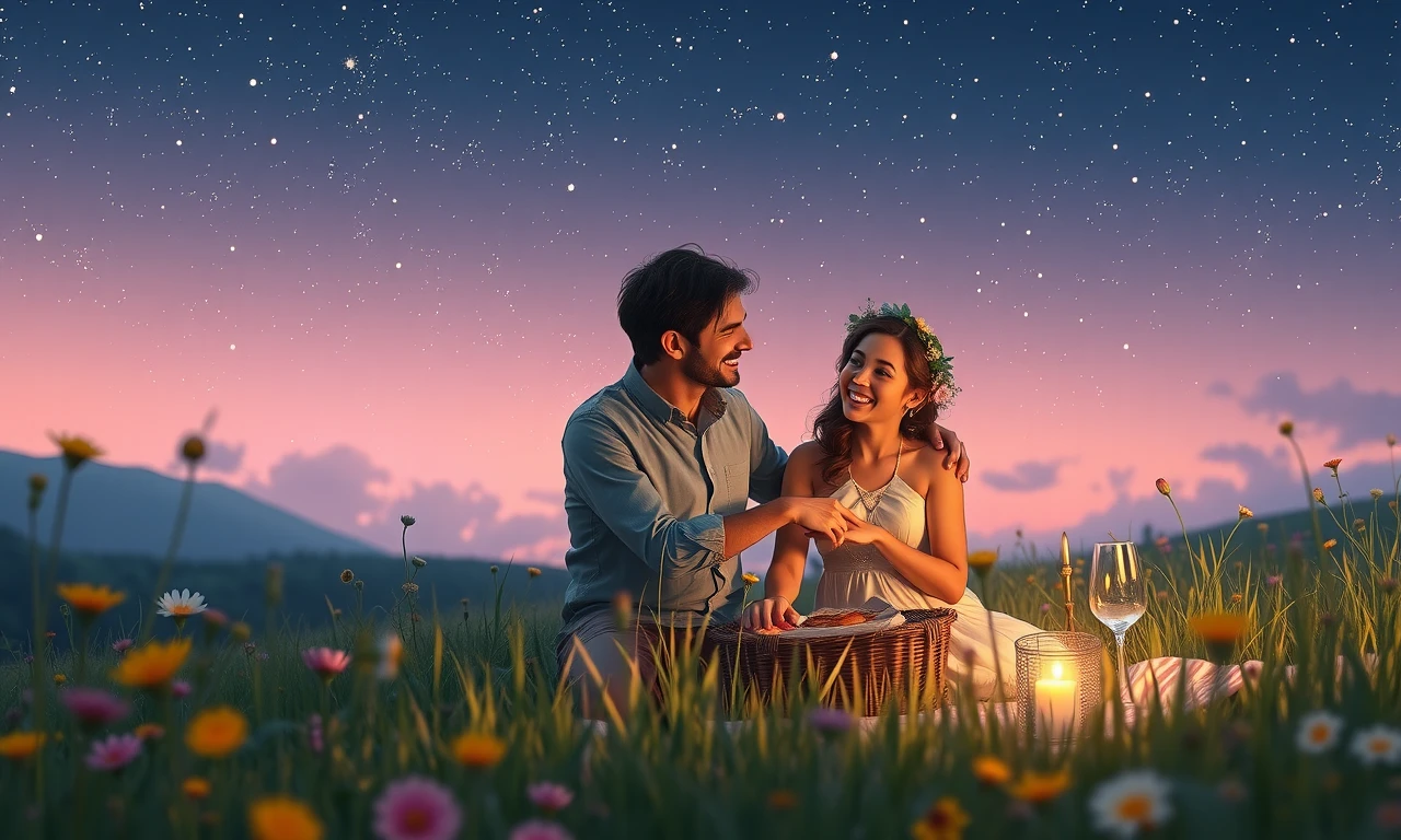 Couple enjoying a surprise twilight picnic in a meadow under starry sky