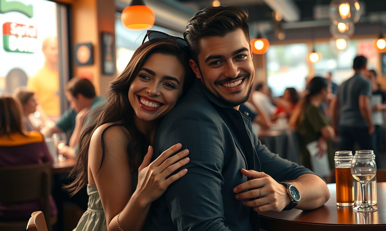 Couple demonstrating positive response to touch in a lively cafe setting, illustrating non-verbal cues of attraction