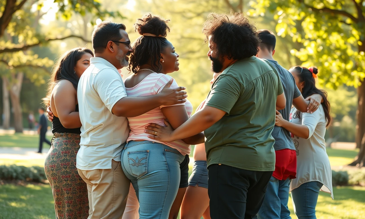 Diverse individuals celebrating body positivity in a vibrant park setting