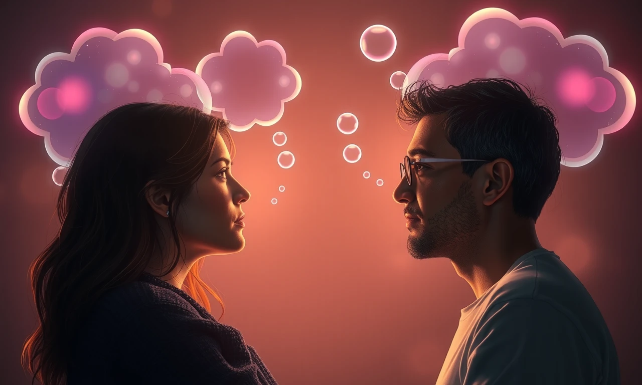 Surreal illustration of a couple demonstrating deep emotional connection through non-verbal communication