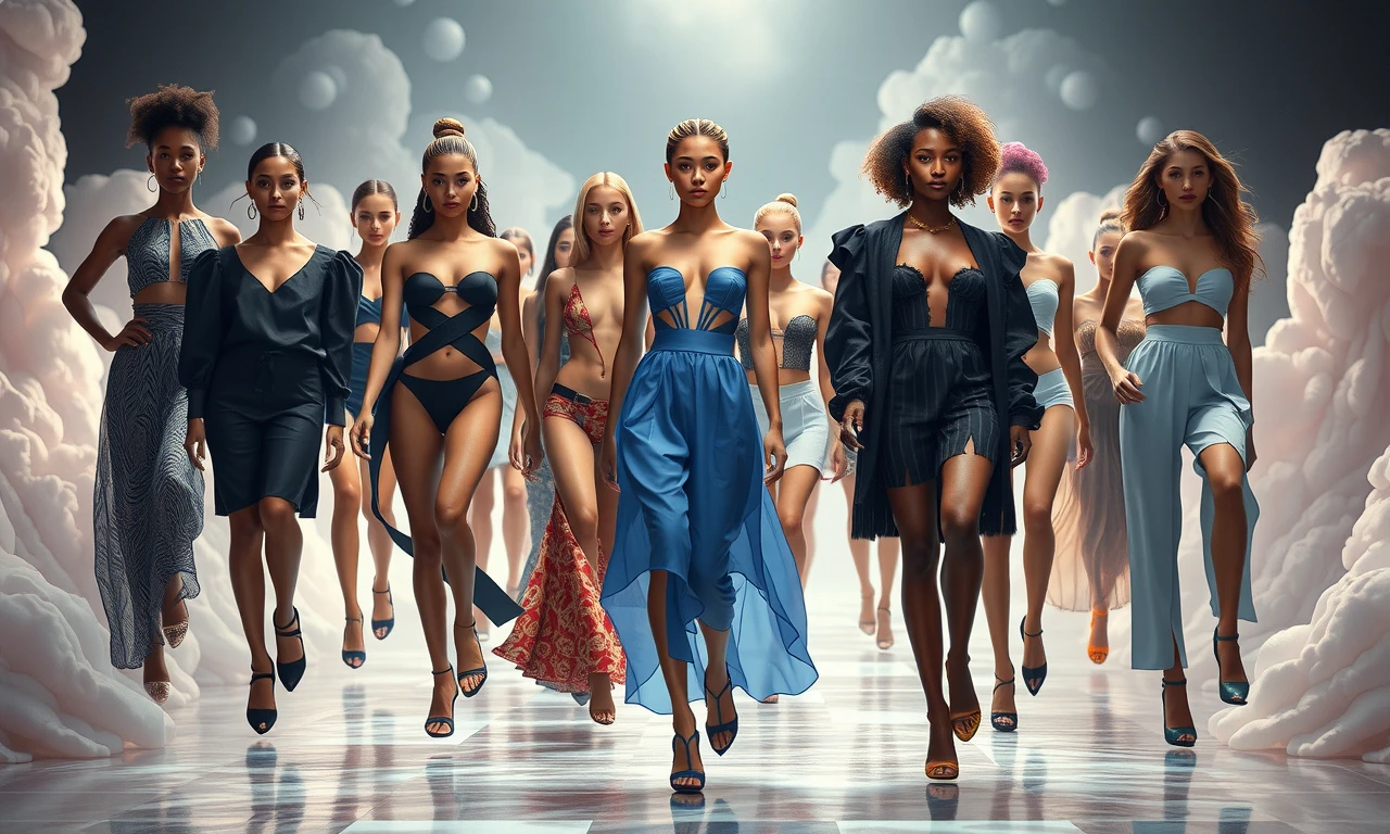 Surrealistic fashion runway celebrating body diversity