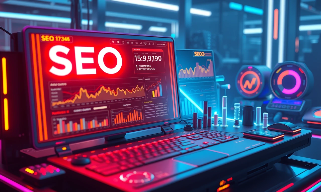 Futuristic SEO interface displaying AI-generated content analytics