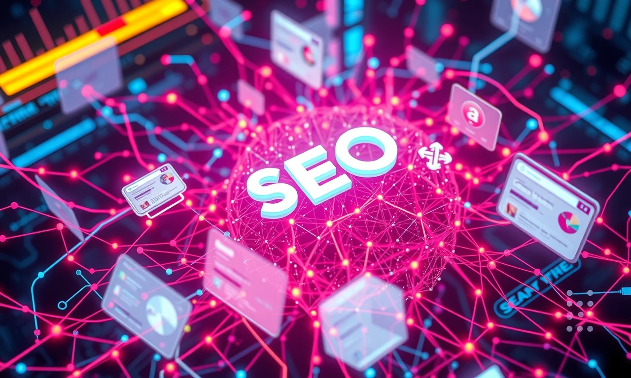 Футуристична ілюстрація штучного інтелекту, що вдосконалює SEO: нейронна мережа, переплетена з картками результатів пошуку та потоками даних