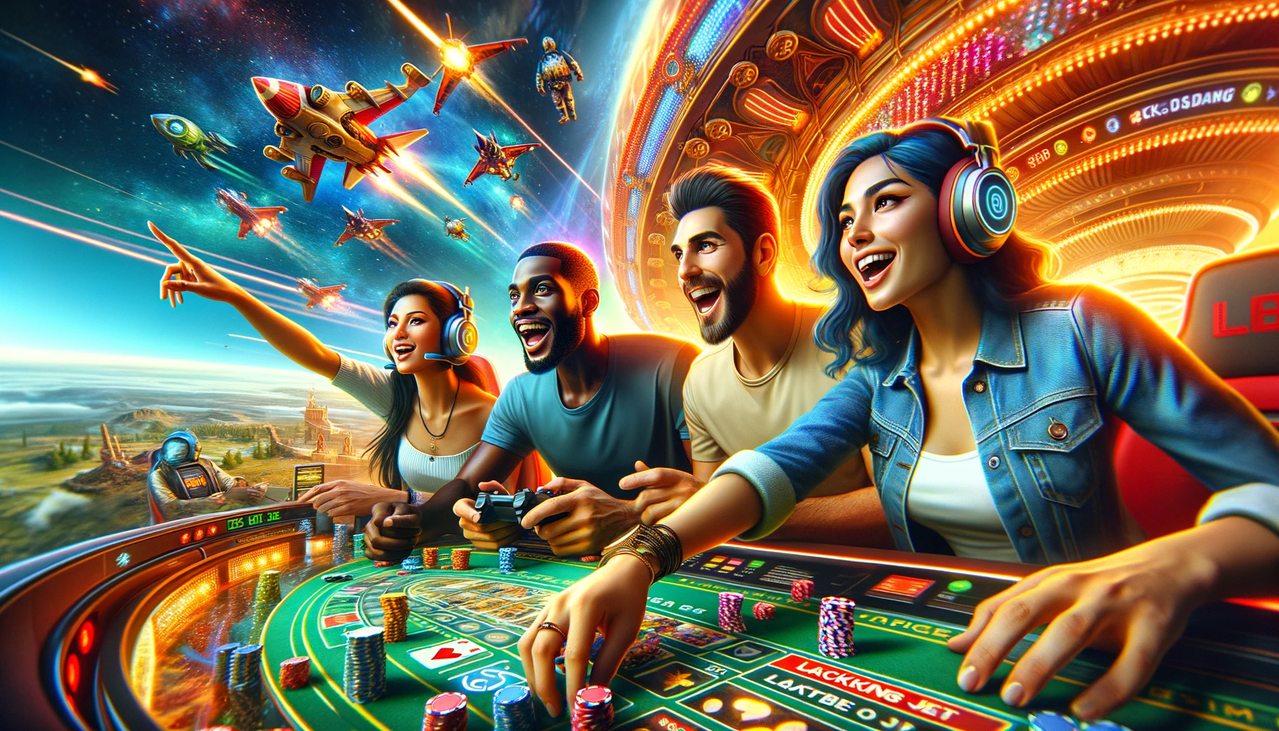 Players interacting energetically while enjoying the online game Lucky Jet, showcasing community and excitement.