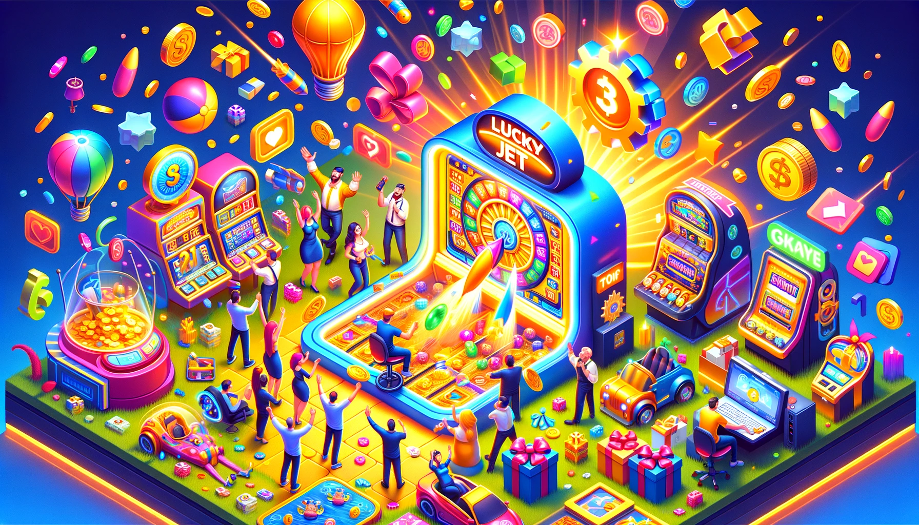 Players joyfully engaging with the various bonuses and promotions of Lucky Jet, showcasing excitement and community interaction.