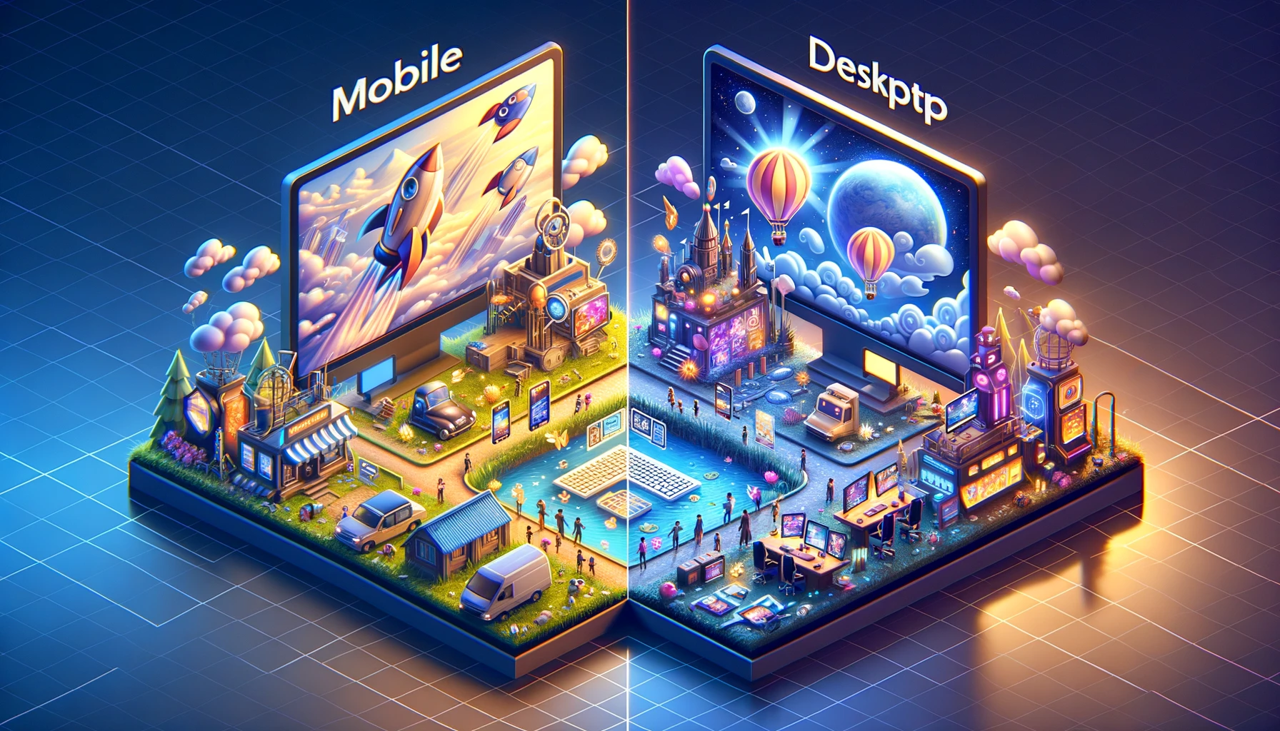A vivid illustration depicting the differences between the mobile and desktop versions of Lucky Jet, emphasizing gameplay experience and usability.