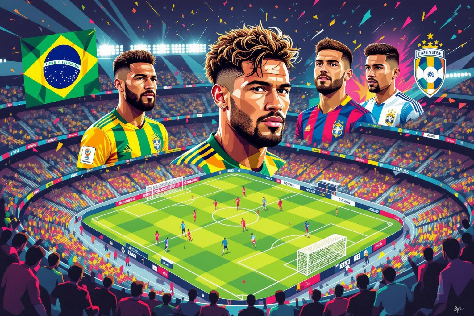 Colagem dinâmica fundindo ícones do futebol brasileiro e personagens de eSports na GGBet