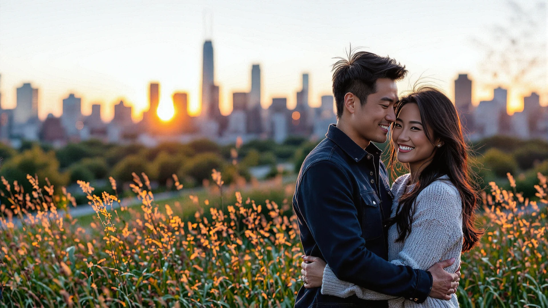 Happy Asian couple finding love