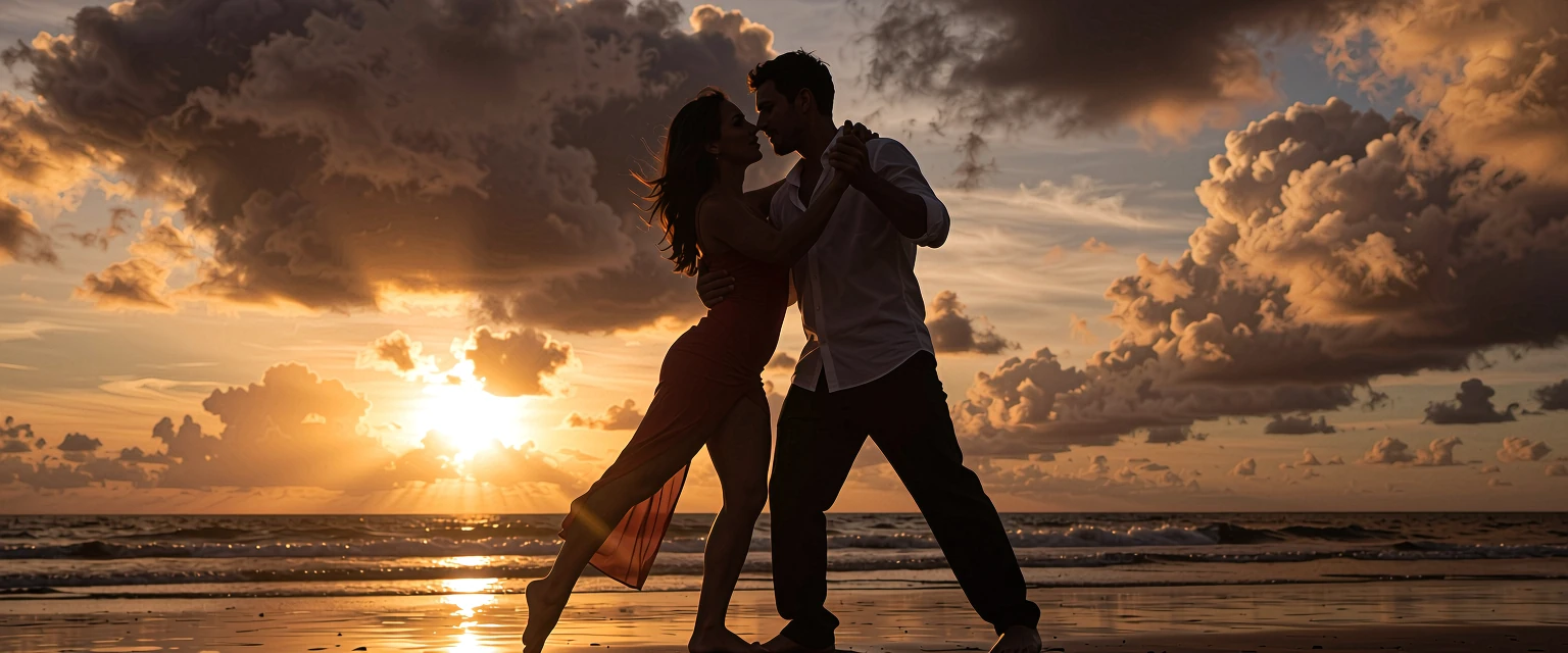 Romantic Latin couple dancing at sunset