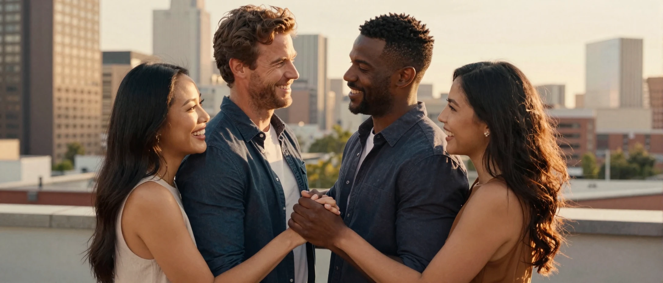 Happy diverse interracial couples in modern urban setting