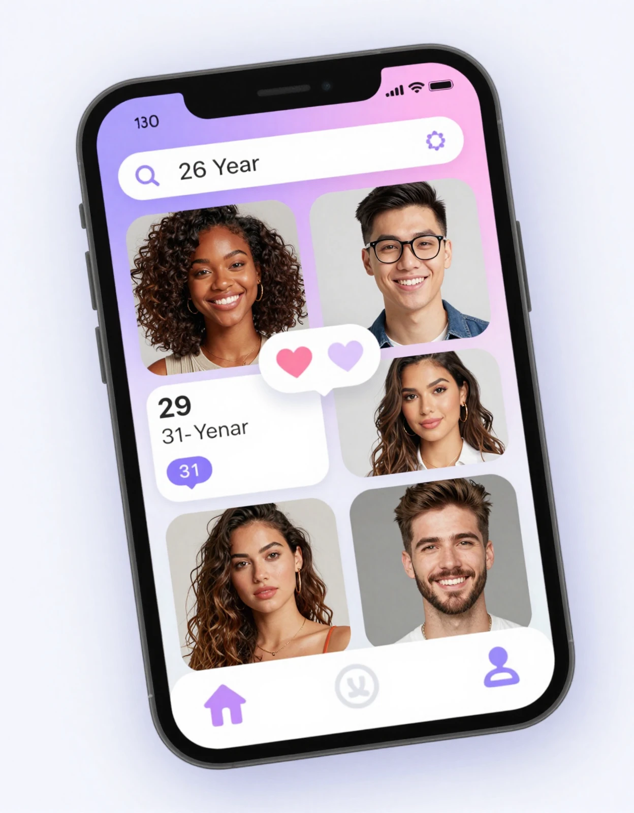 Modern dating app interface showing diverse profiles
