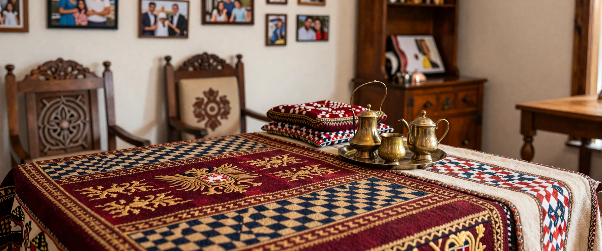 Balkan cultural heritage elements with traditional patterns and warm colors