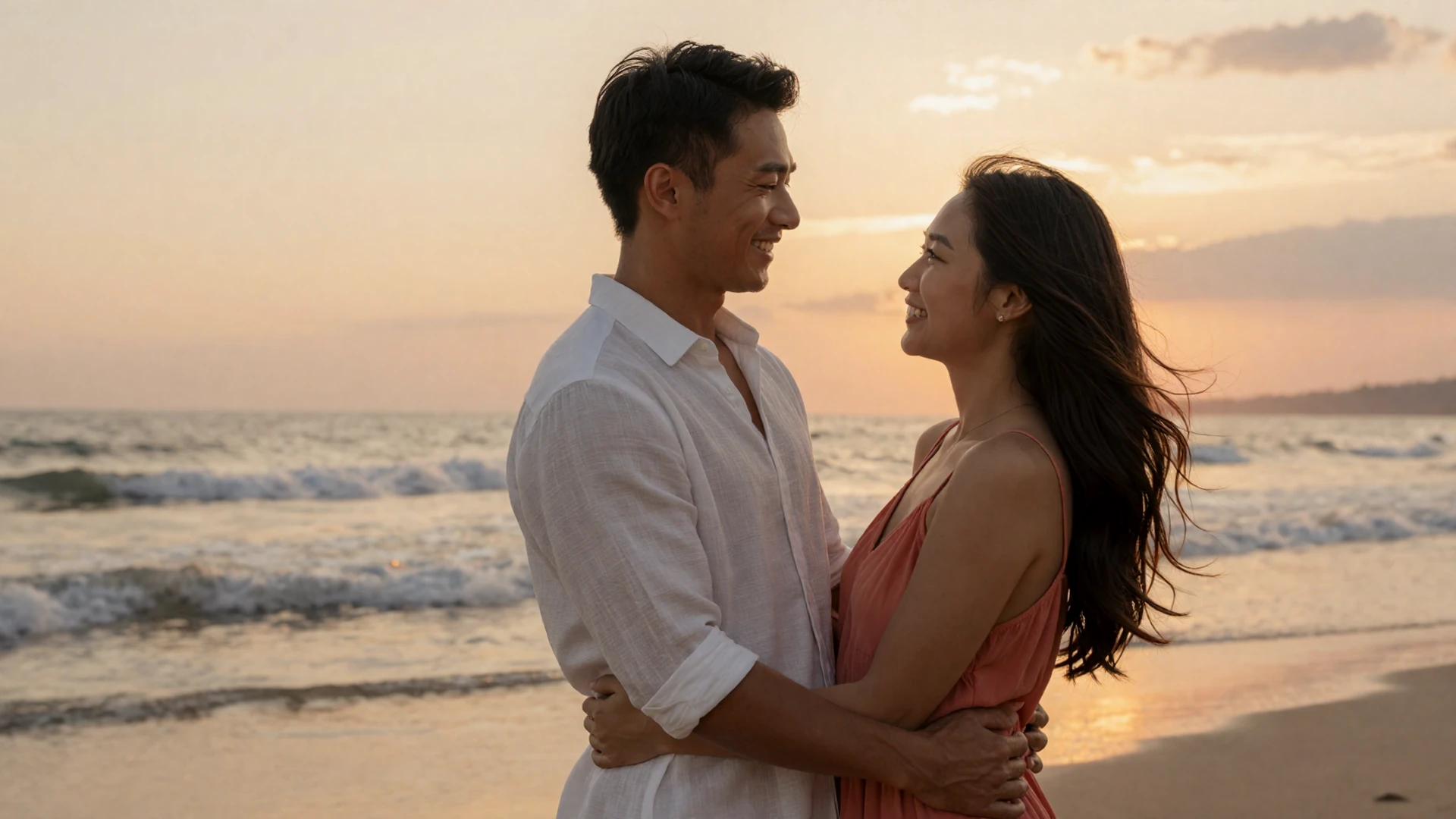 Happy Asian couple embracing on beach at sunset, representing successful connection through Asian Dating platform