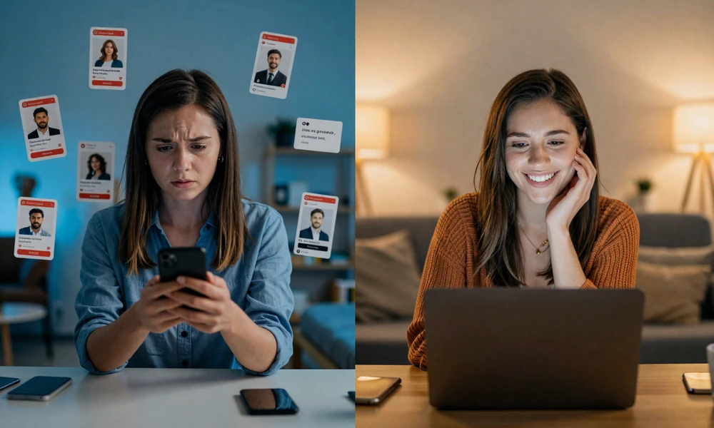 Side-by-side comparison showing frustrated American dating app experience versus authentic European video chat connection
