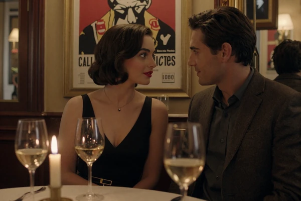 Elegant French couple enjoying intimate wine bar date in Paris with romantic candlelit atmosphere