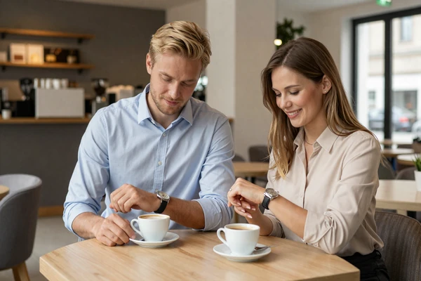 Punctual German couple meeting for organized coffee date with professional yet warm atmosphere