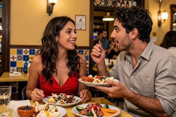 Passionate Spanish couple enjoying animated late-night tapas bar date with vibrant Mediterranean atmosphere