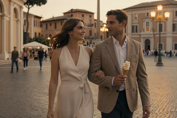 Romantic Italian couple enjoying traditional passeggiata evening stroll through illuminated Roman piazza with gelato