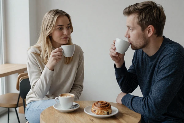 Equal Scandinavian couple enjoying casual fika coffee date in minimalist Nordic cafe with hygge atmosphere