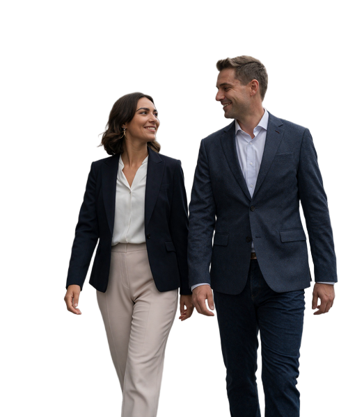 American-German professional couple walking together through modern Berlin showing equal partnership