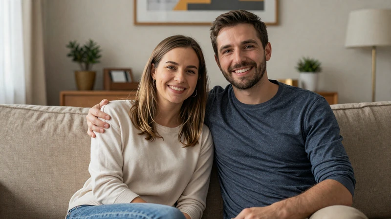 Video testimonial placeholder showing happy American-European couple Jessica and Pierre in professional interview setting