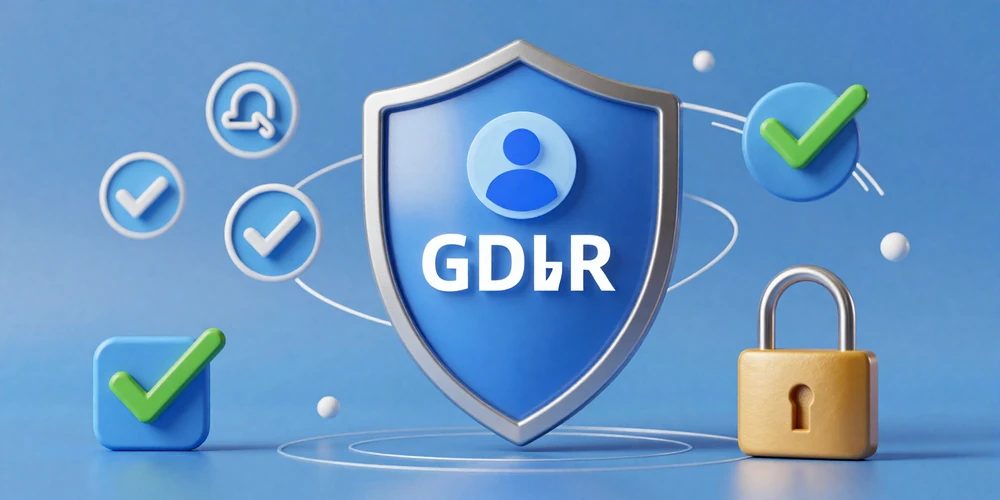 Modern cybersecurity illustration showing GDPR-compliant data protection with verified profiles and encryption symbols