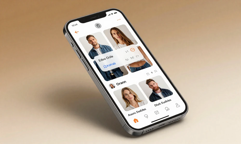 Modern smartphone displaying elegant European dating app interface with translation tools and video chat features