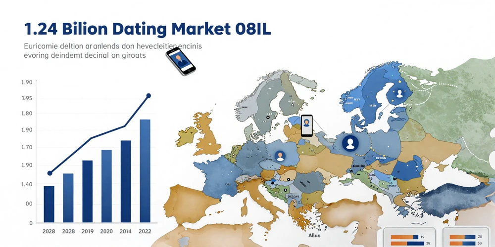 Professional infographic showing European dating market growth from $1.24B to $1.98B with statistical visualizations
