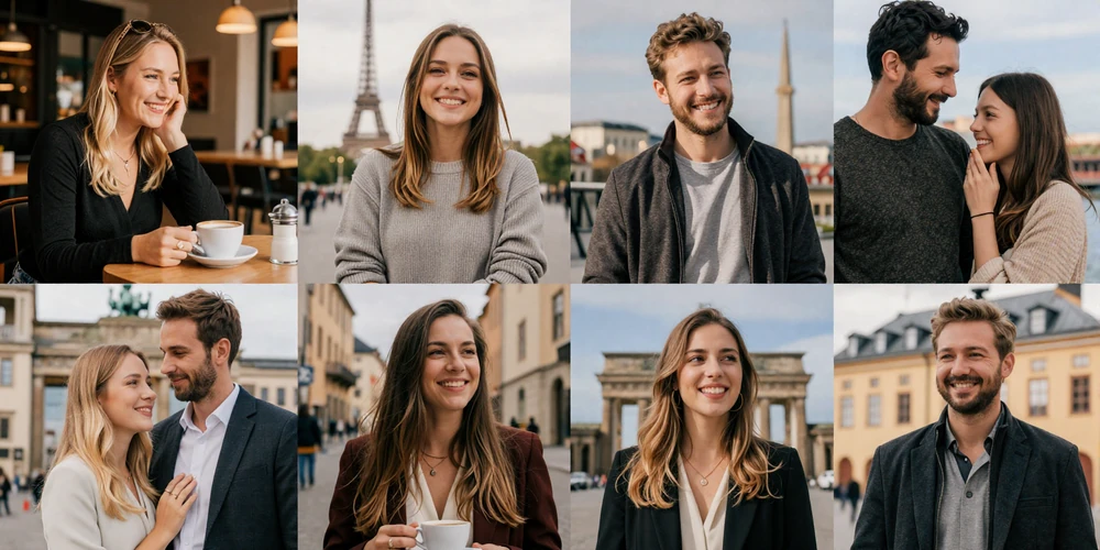 Diverse collage of happy American-European couples showing authentic connections across Paris, Florence, Berlin, and Stockholm