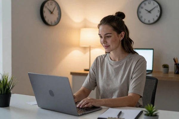 American woman managing time zones for video call with European partner showing long-distance relationship dedication