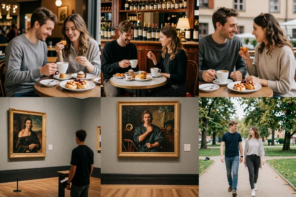 Collage showing diverse European first date ideas across Swedish cafes, French wine bars, Italian museums, and German parks