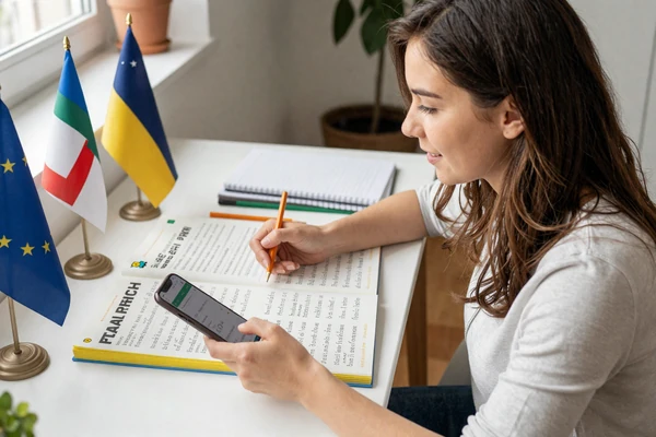 American woman enthusiastically learning European languages with books and language app for dating preparation