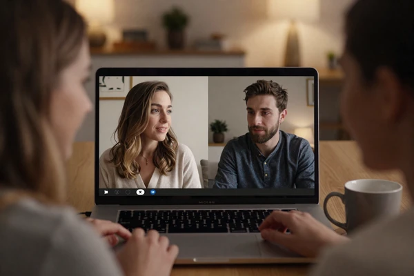 Long-distance couple connecting through video chat showing intimate conversation despite geographical distance