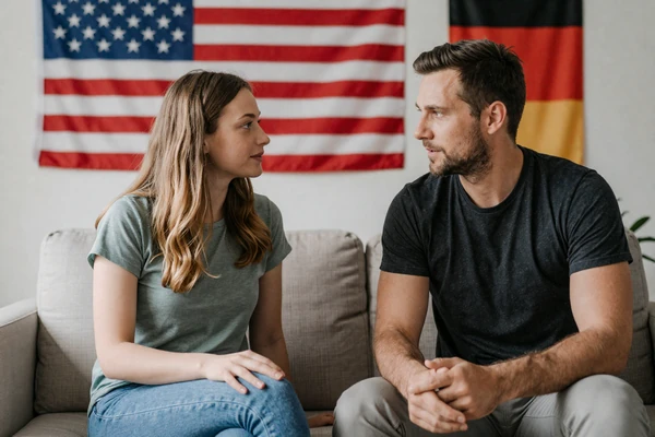 American-European couple having respectful conversation about cultural differences showing understanding and patience