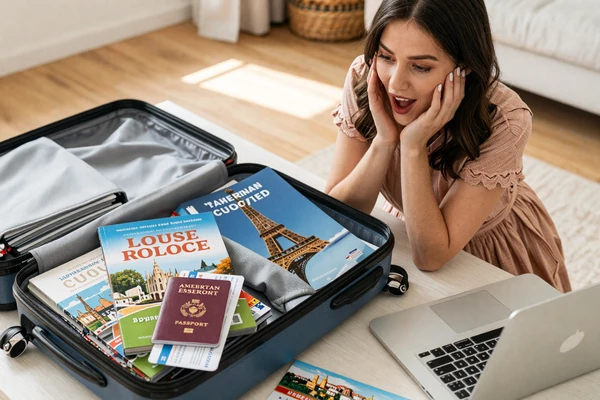 American woman excitedly preparing for European trip to meet dating partner with organized travel planning