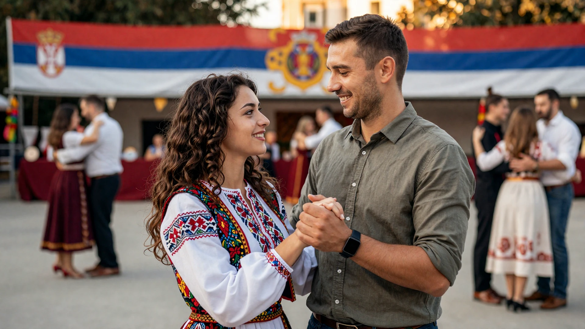 Young Balkan-American couple at cultural festival celebrating heritage together