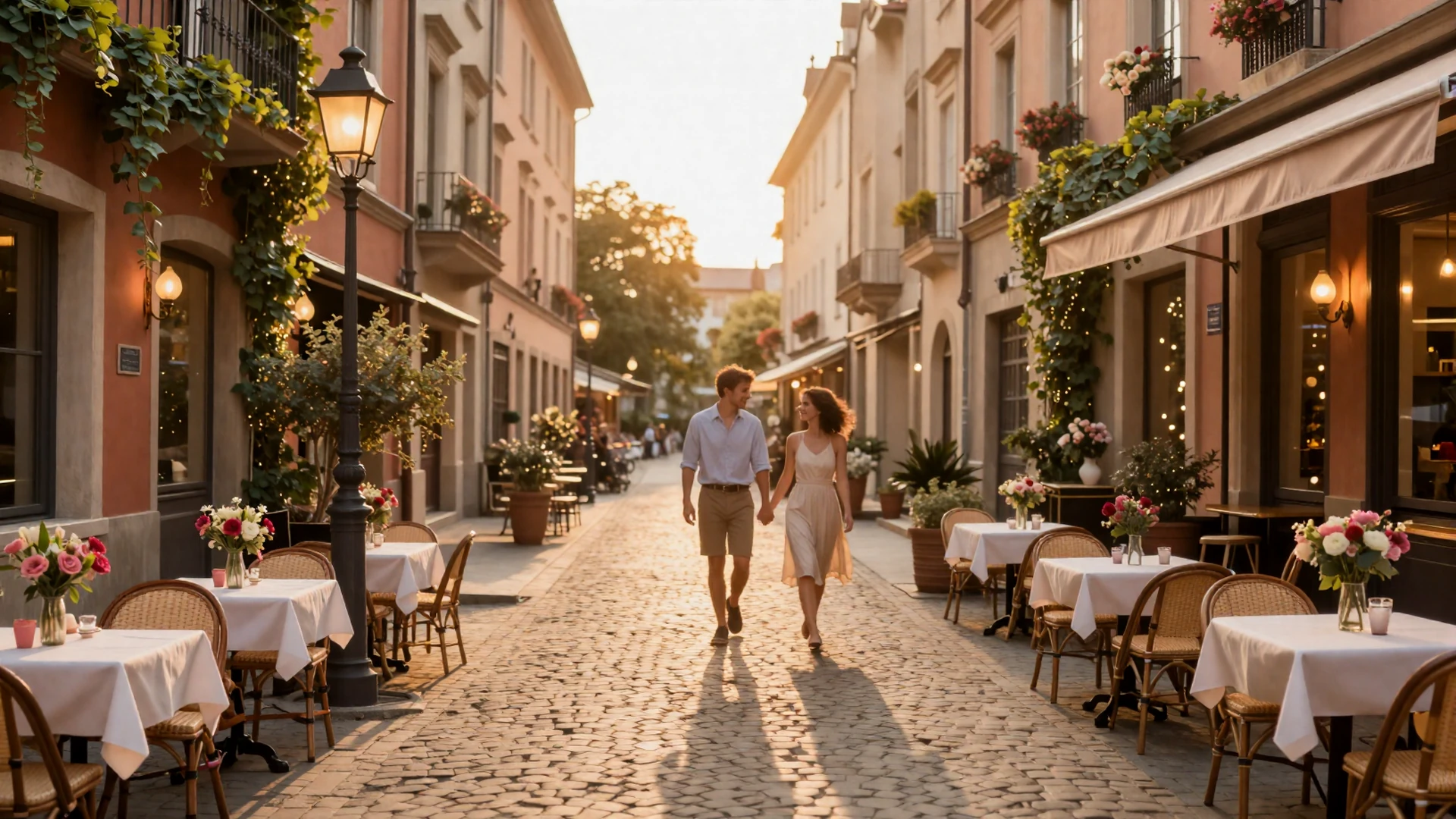 Romantic European cobblestone street with cafe at golden hour